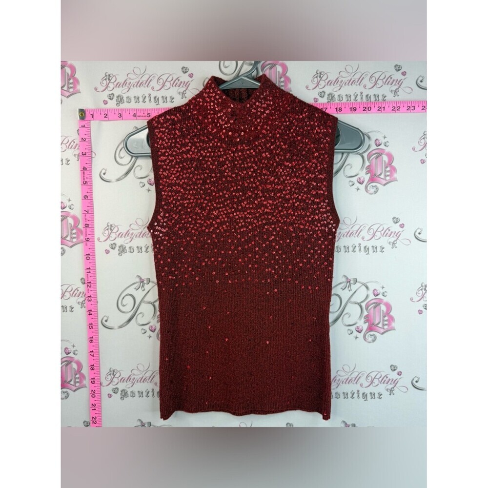 TanJay tank top sparkly, sequins Red Beaded Mock Neck Sleeveless Tank Top